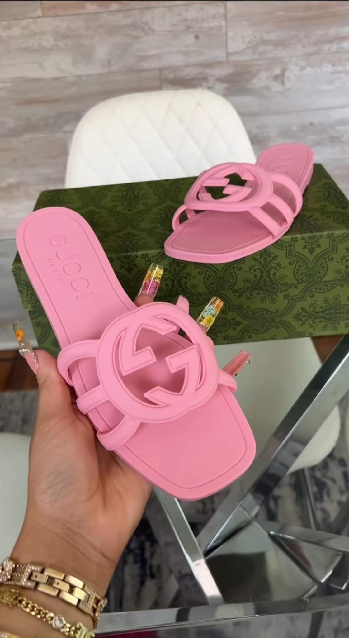 Pink GG Embossed Slide Sandals with Statement Logo Detail
