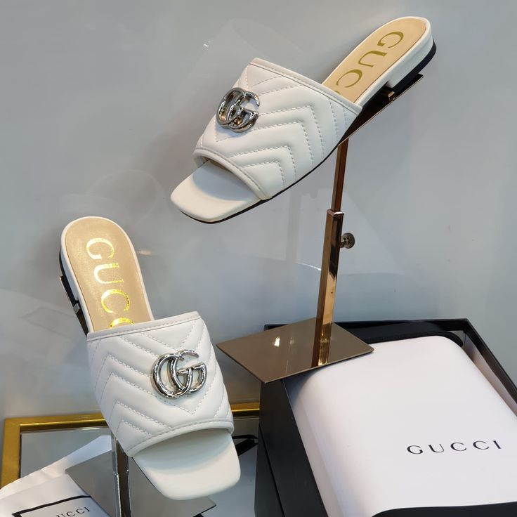 Women’s White GG Logo Slide Sandals with Gold-Tone Detail
