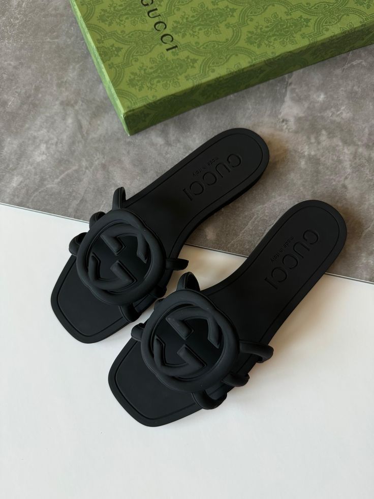 Black GG Logo Flat Slide Sandals for Women