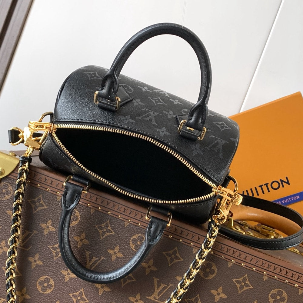 Elegant Black Monogram Satchel Handbag with Gold Chain Strap