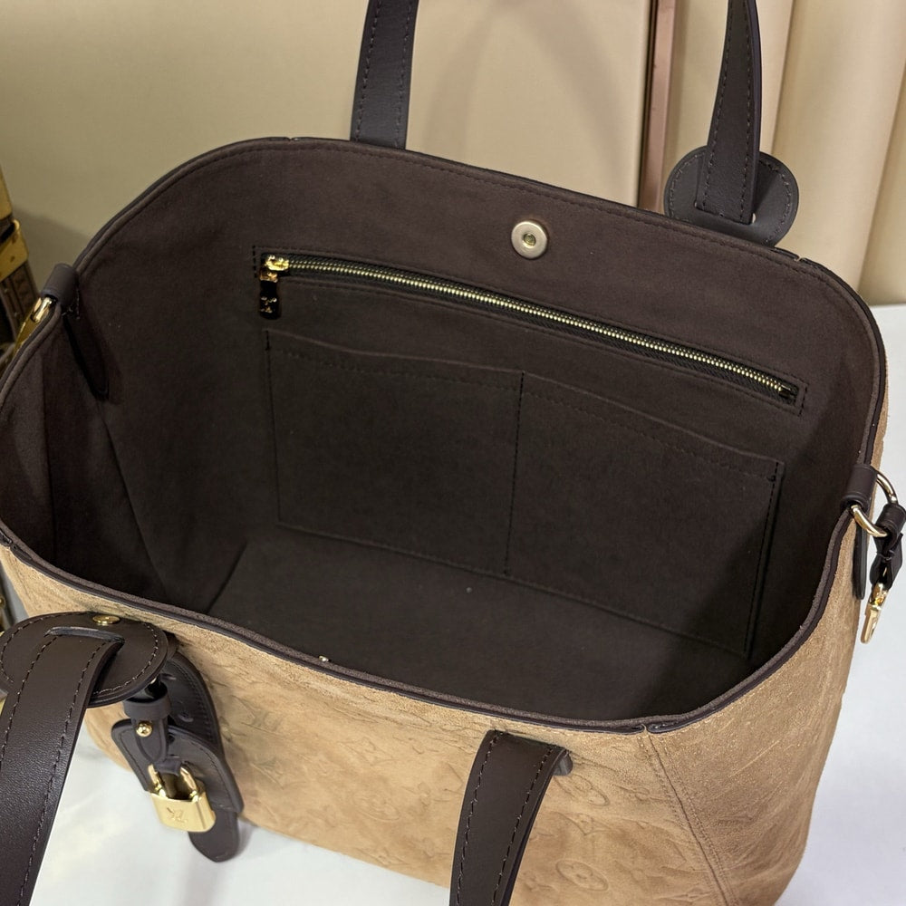 Elegant Beige Monogram Tote Handbag with Dark Brown Handles