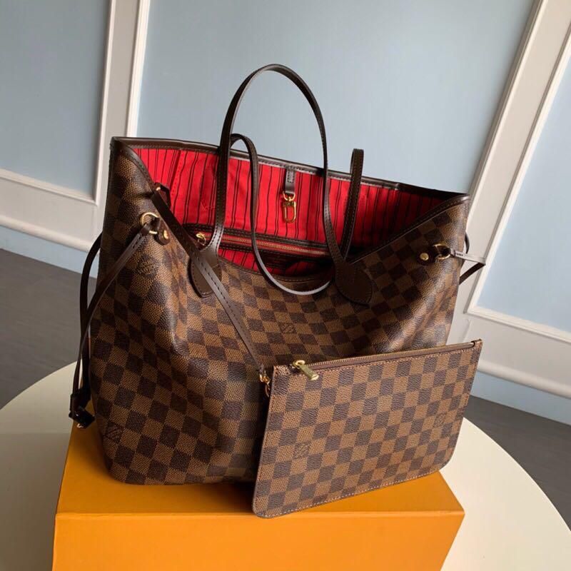 Brown Checkered Structured Tote Bag with Matching Pouch