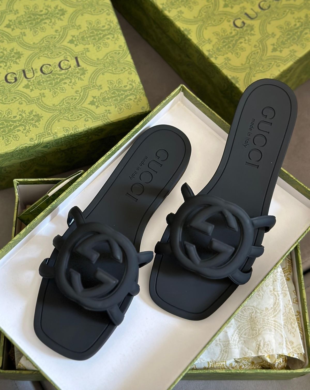 Black GG Logo Flat Slide Sandals for Women
