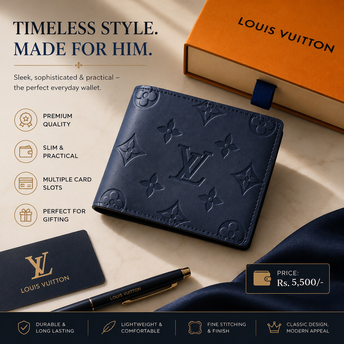 Men’s Luxury Black Embossed Monogram Wallet – Classic & Elegant
