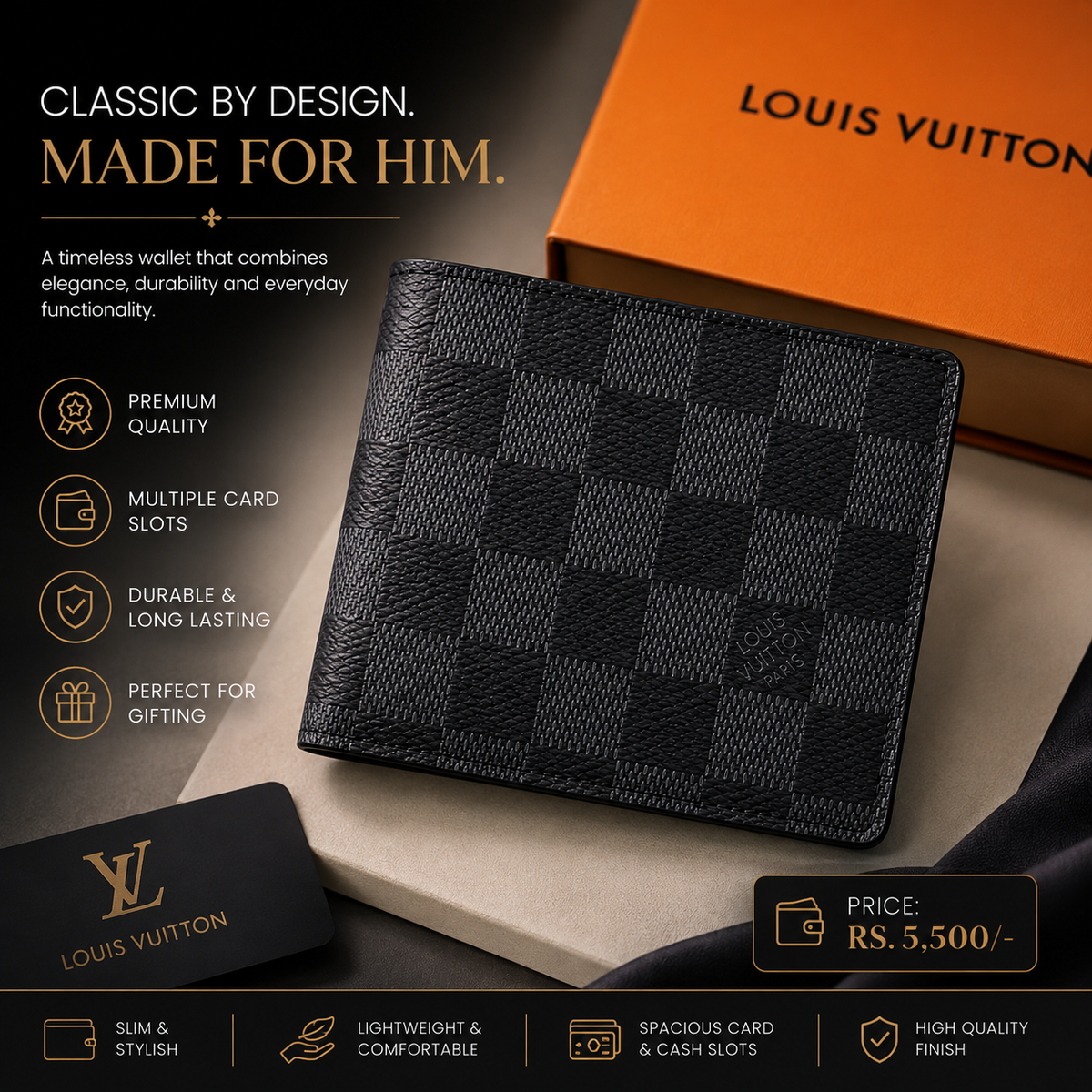 Men’s Luxury Black Checkered Wallet – Premium & Elegant