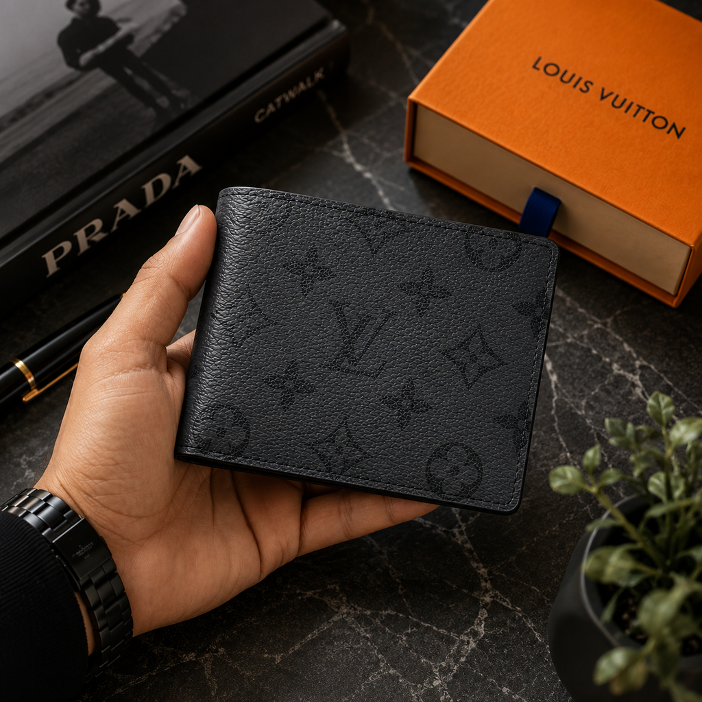 Premium Black Monogram Textured Bifold Wallet