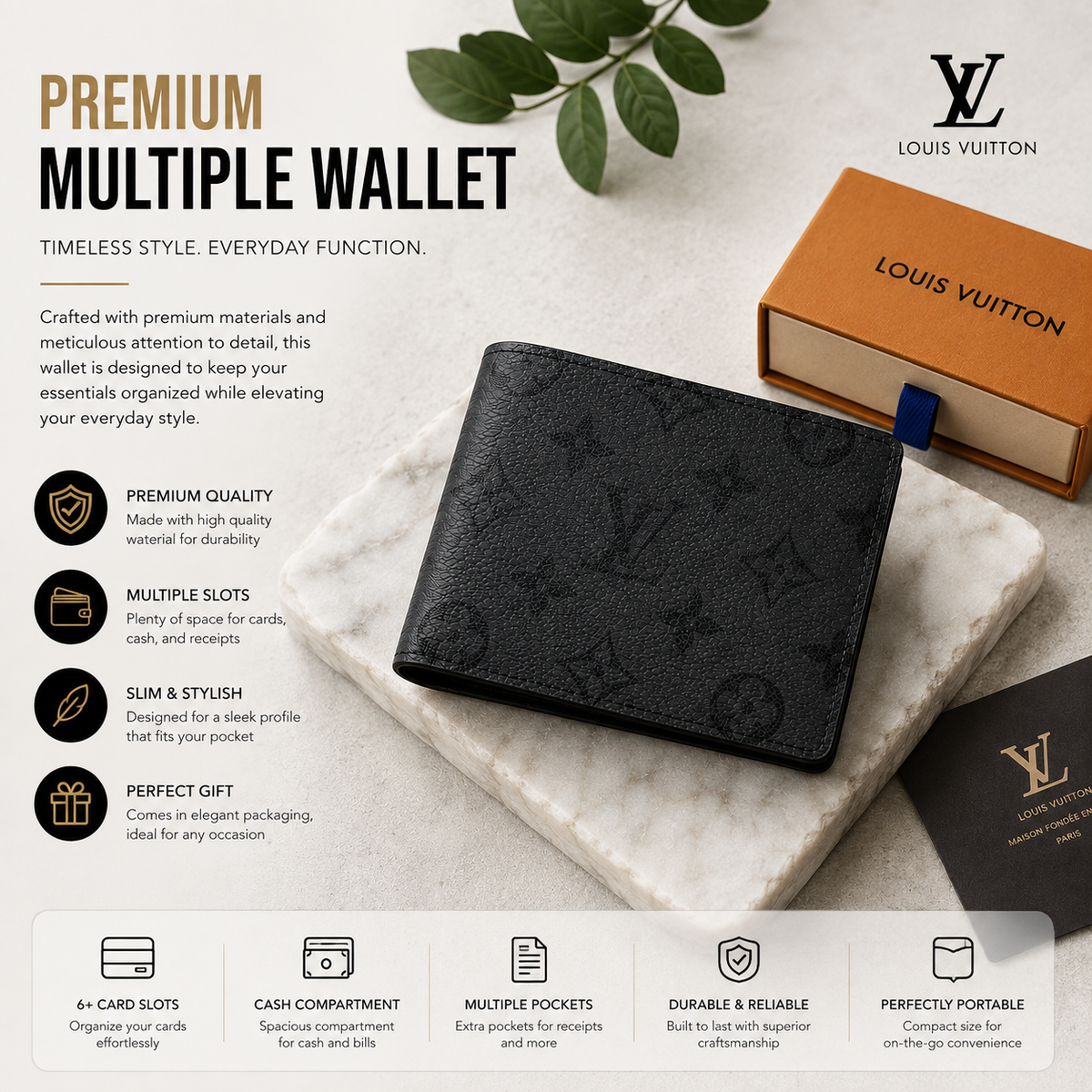 Premium Black Monogram Textured Bifold Wallet
