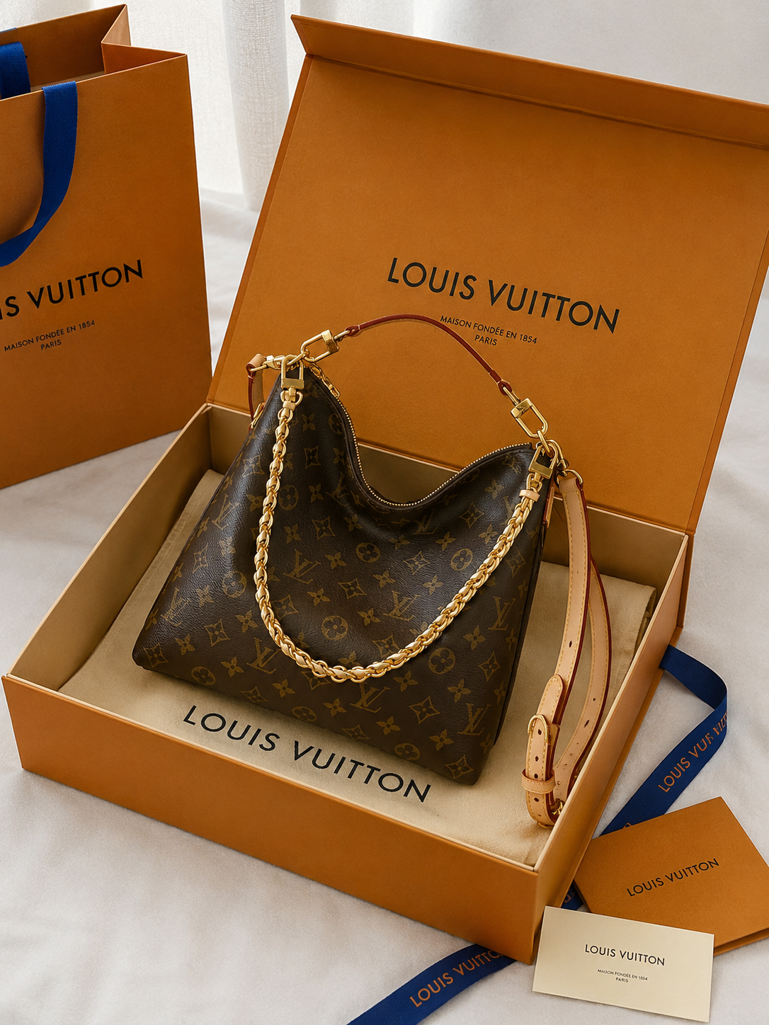 Brown Monogram Hobo Shoulder Bag with Chain Detail