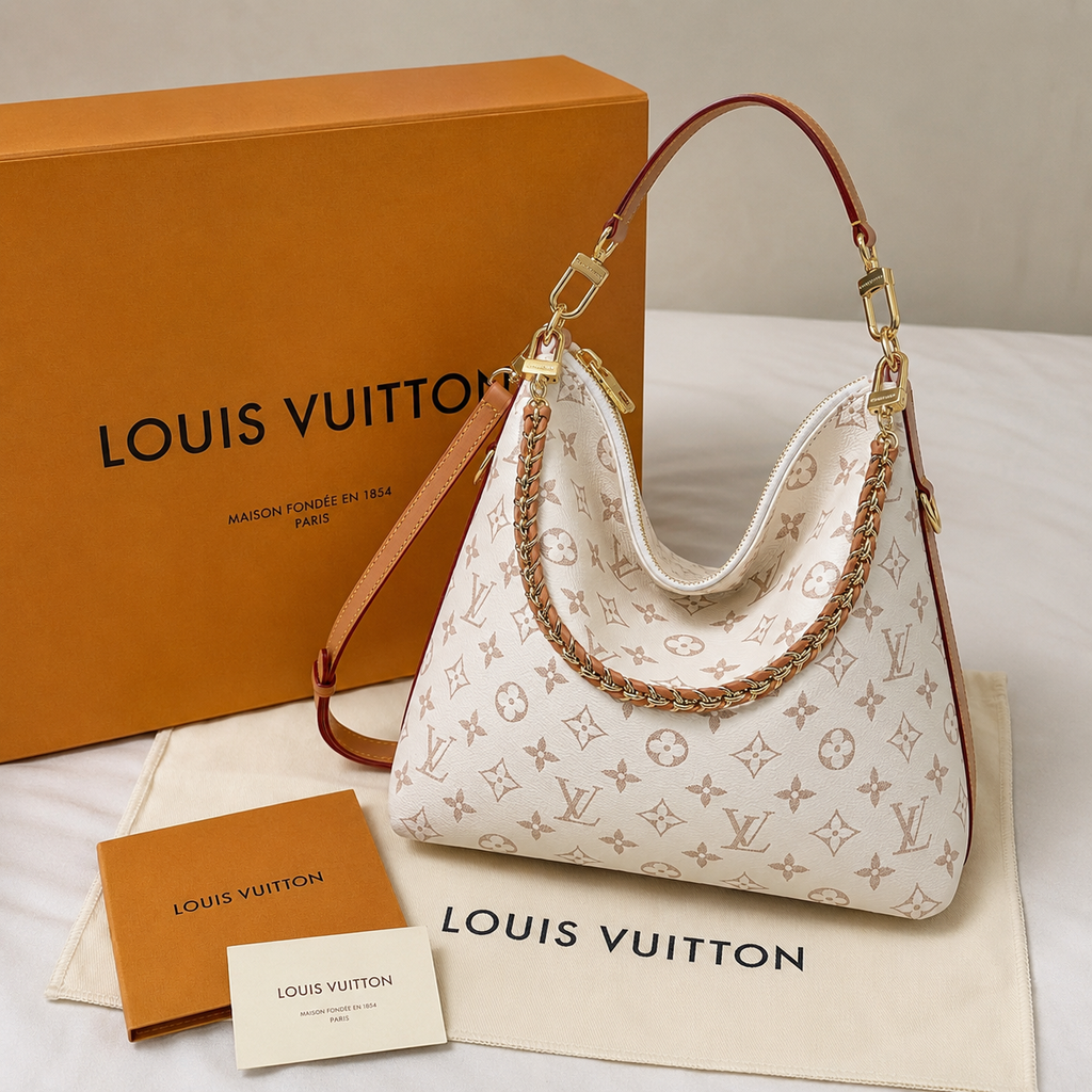 White Monogram Hobo Shoulder Bag with Gold Chain