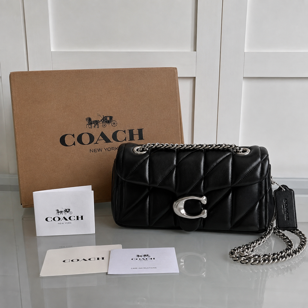Black Quilted Shoulder Bag with Silver-Tone C Clasp