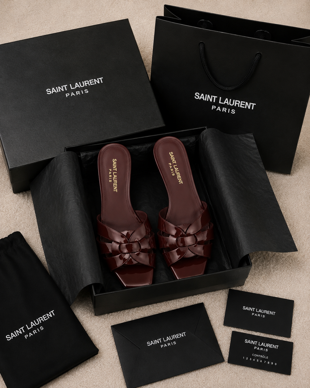Elegant Brown Patent Bow Detail Slide Sandals