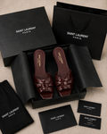 Elegant Brown Patent Bow Detail Slide Sandals