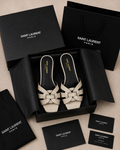 Elegant Cream Woven Bow Detail Slide Sandals