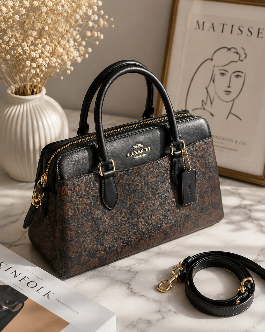 Signature Canvas Structured Satchel – Brown & Black