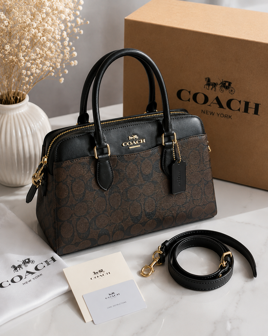 Signature Canvas Structured Satchel – Brown & Black