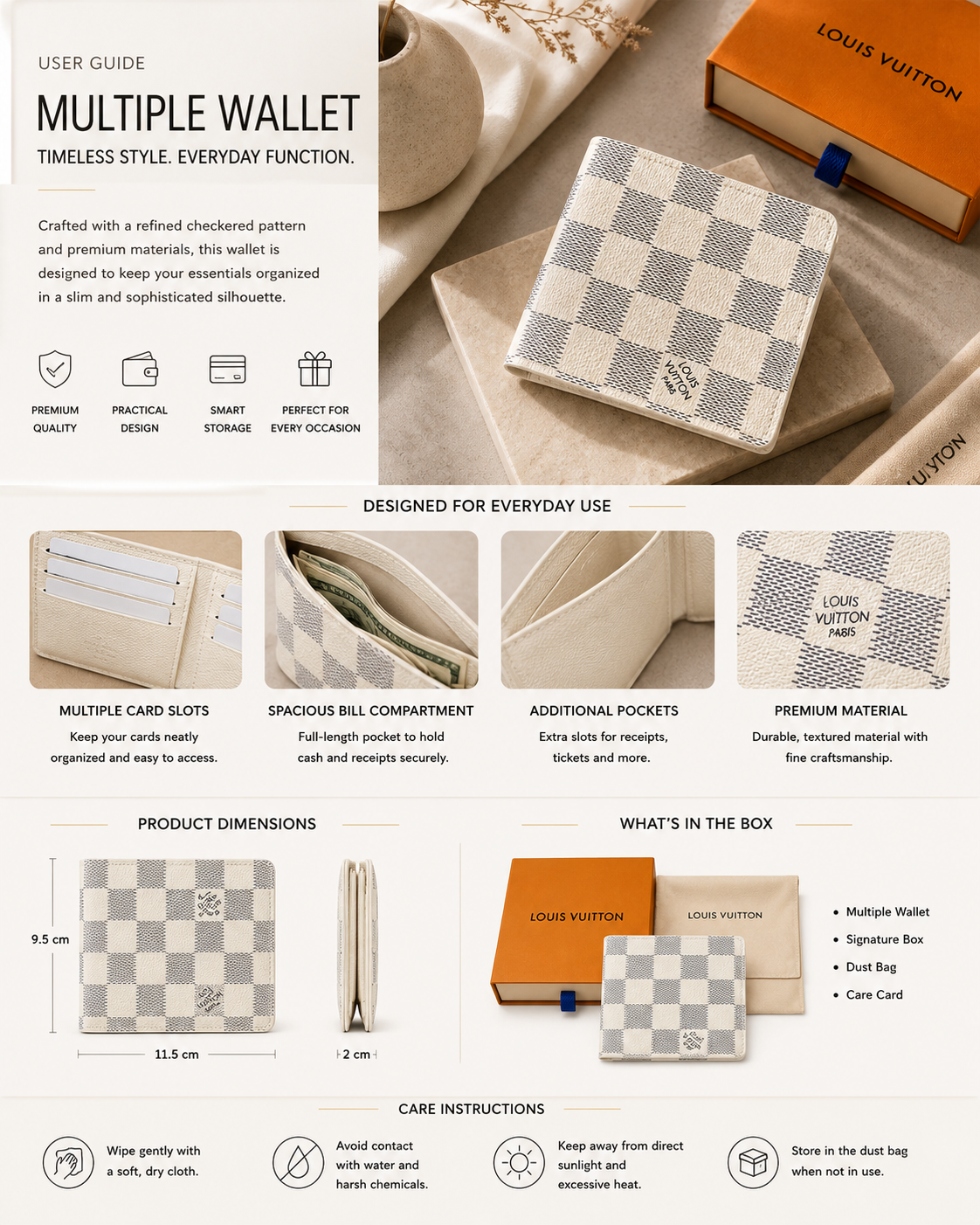 Premium Cream & Grey Checkerboard Multiple Wallet