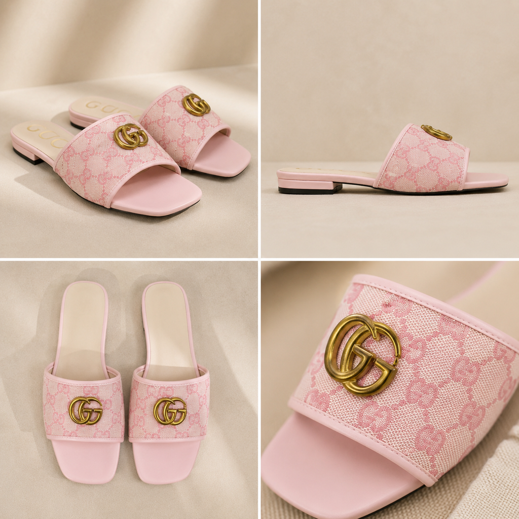 Elegant Pink Monogram Slide Sandals with Gold-Tone Double G Detail