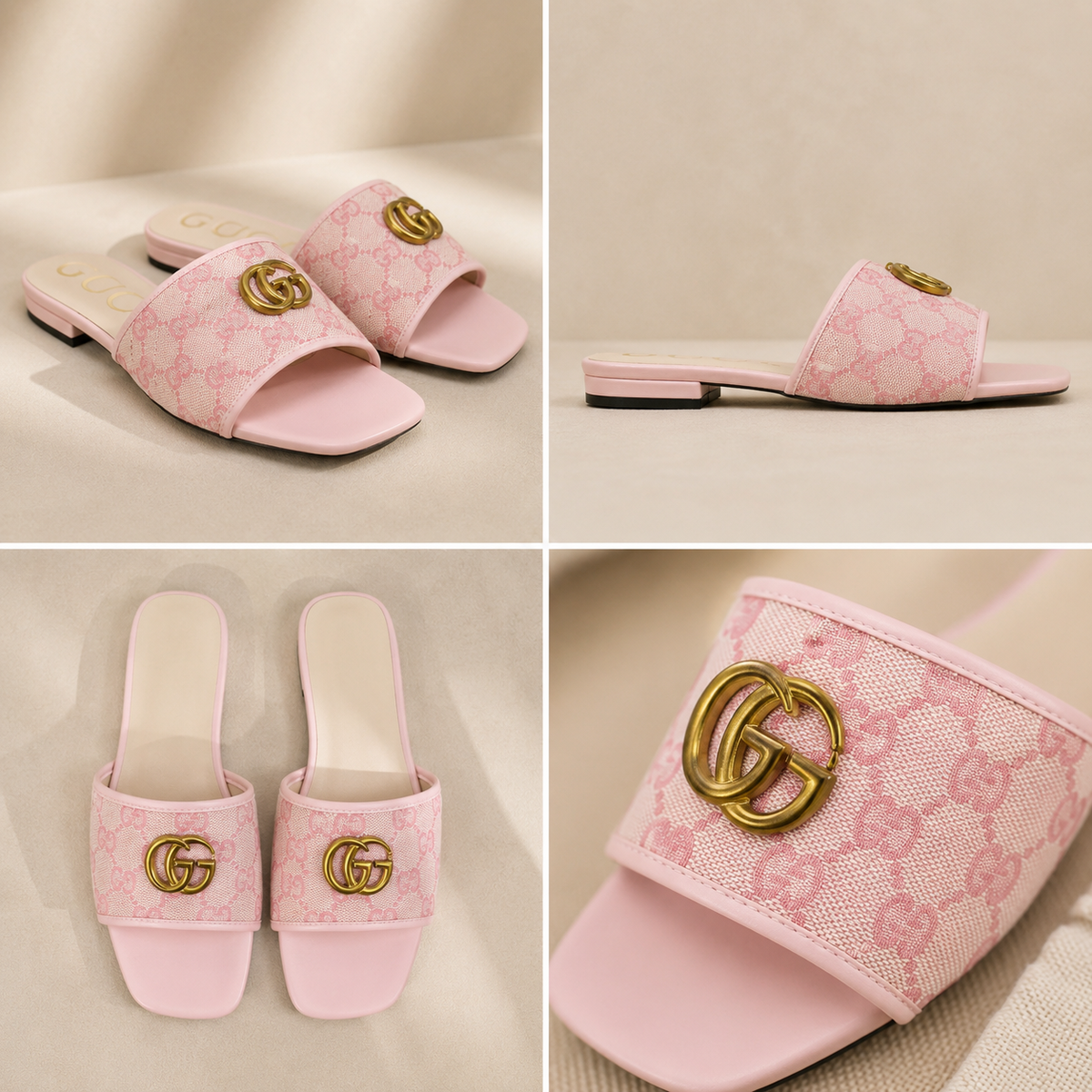 Elegant Pink Monogram Slide Sandals with Gold-Tone Double G Detail