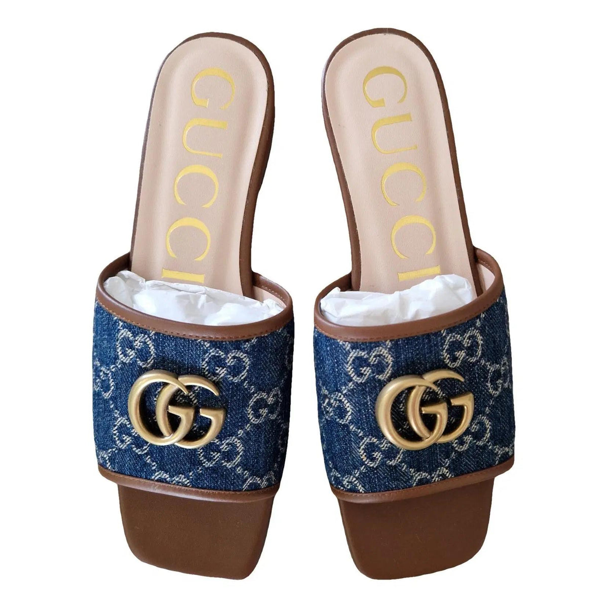 Blue GG Monogram Slide Sandals with Gold Double G Detail