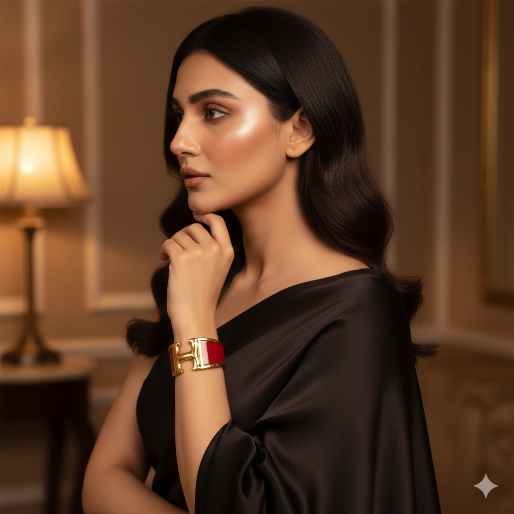 Luxury H-Style Gold Plated Red Enamel Bracelet for Women
