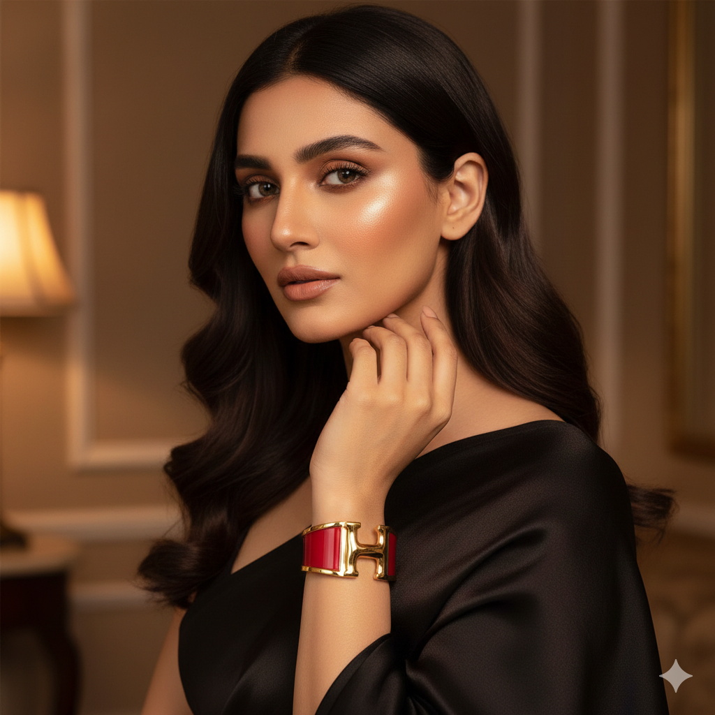 Luxury H-Style Gold Plated Red Enamel Bracelet for Women