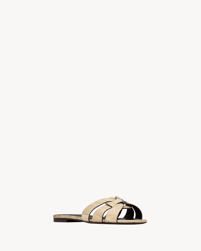 Elegant Cream Woven Bow Detail Slide Sandals