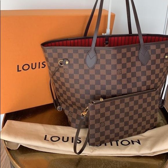 Brown Checkered Structured Tote Bag with Matching Pouch