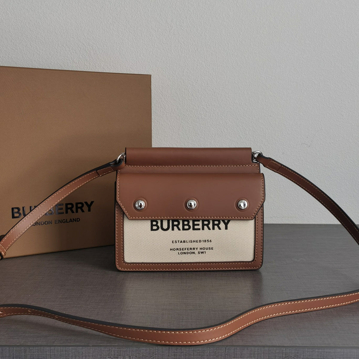 Elegant Brown & Cream Canvas Flap Crossbody Bag