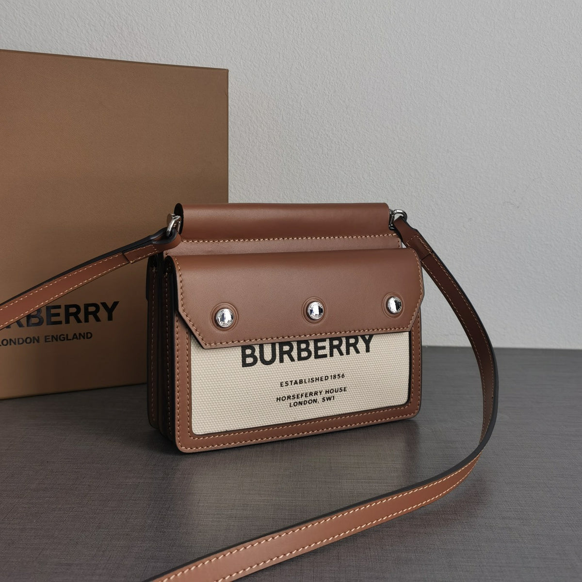 Elegant Brown & Cream Canvas Flap Crossbody Bag