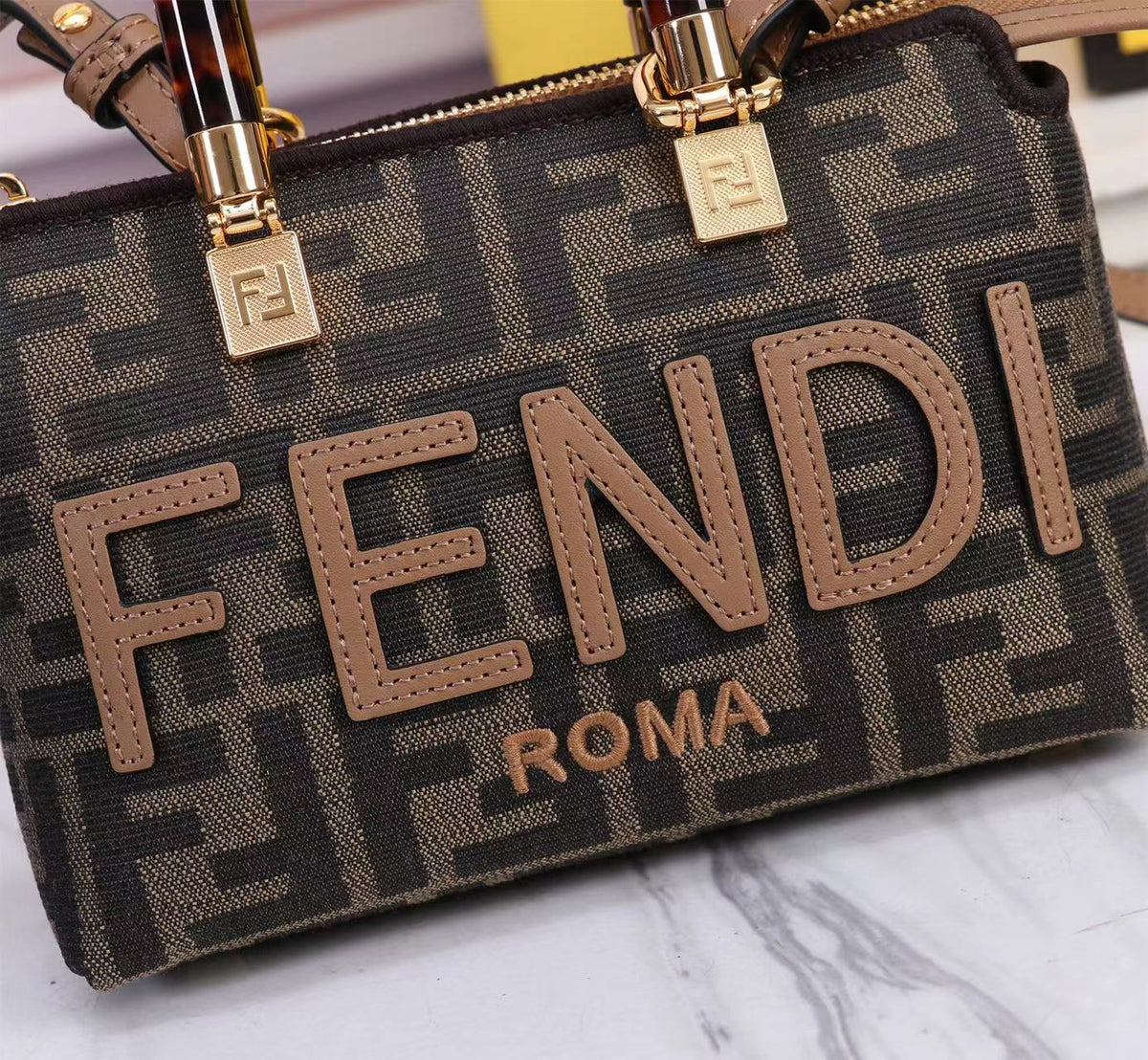 Elegant Brown Monogram hand Bag with Tortoiseshell Handles