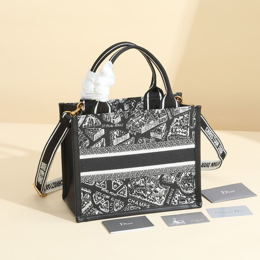 Elegant Black & White Patterned Tote Handbag with Shoulder Strap