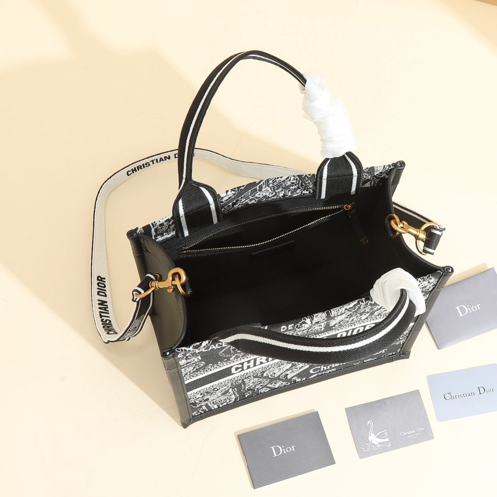 Elegant Black & White Patterned Tote Handbag with Shoulder Strap