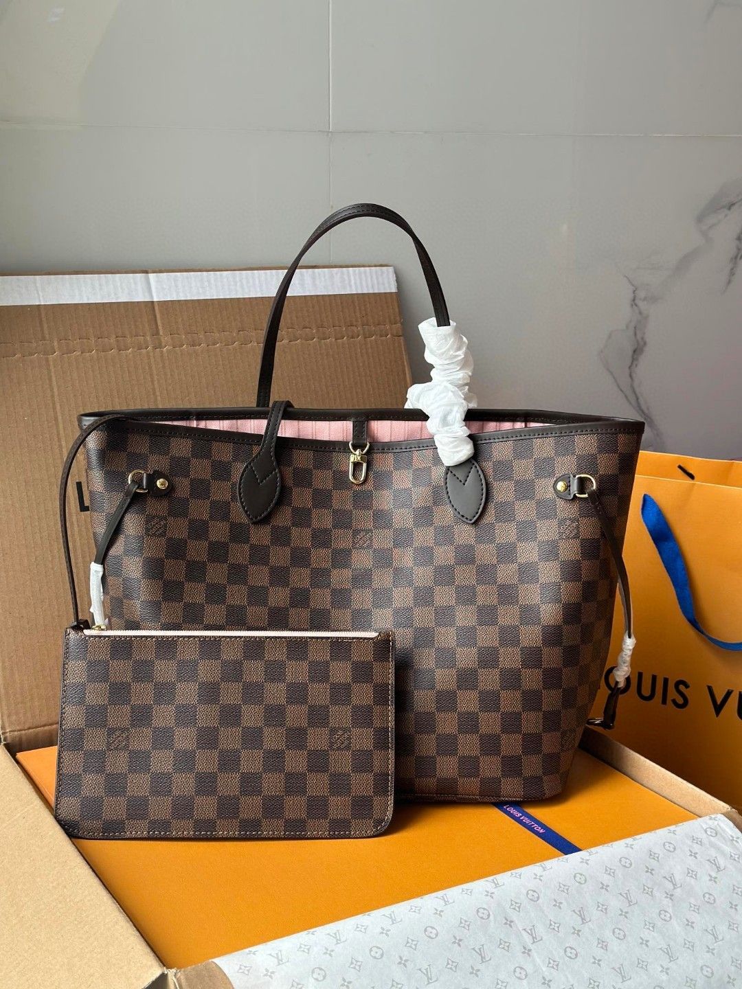 Brown Checkered Structured Tote Bag with Matching Pouch