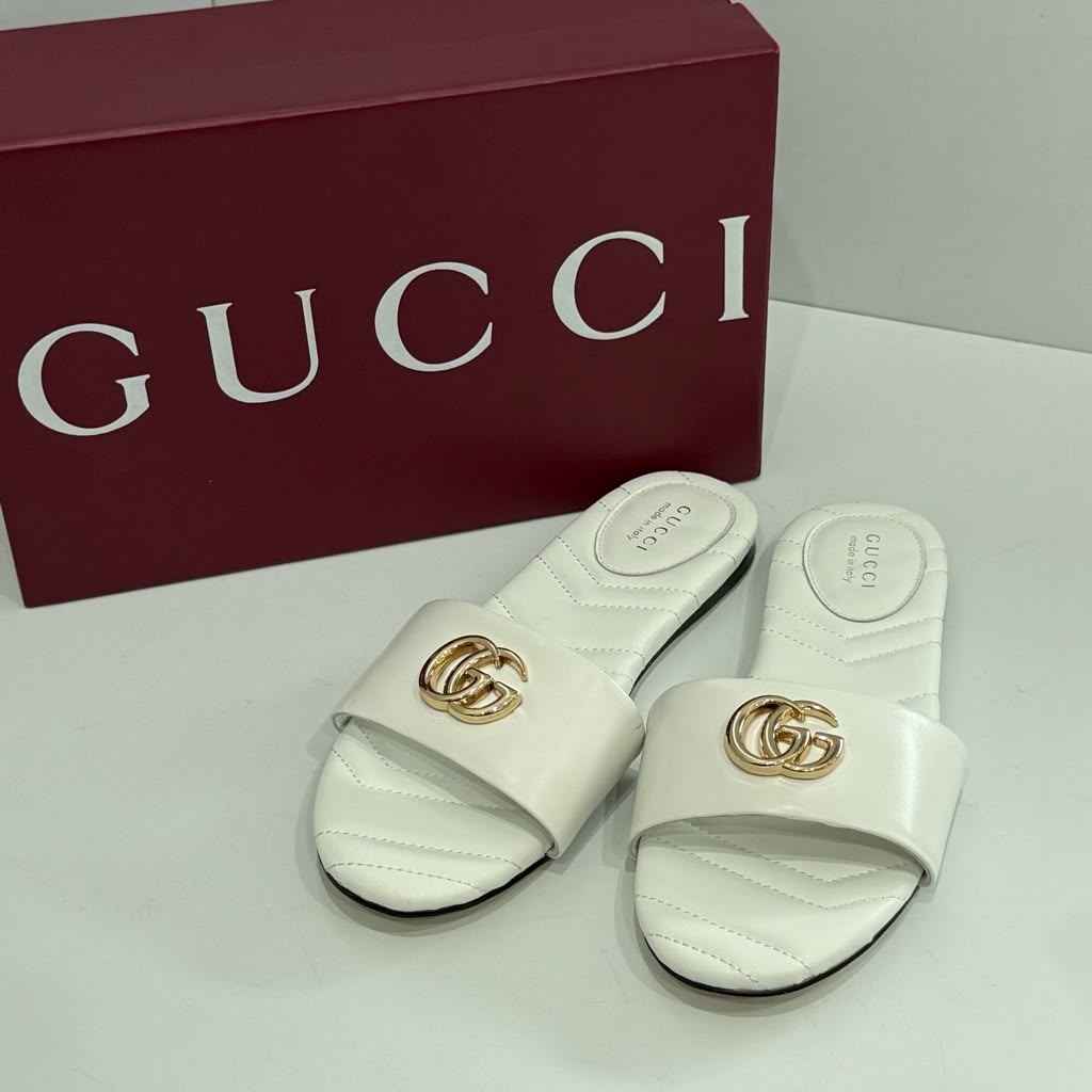 Women’s White Quilted GG Logo Slide Sandals