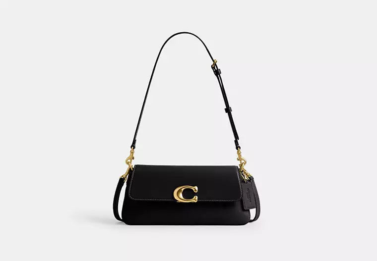 Elegant Black Structured Shoulder Bag with Gold-Tone C Clasp