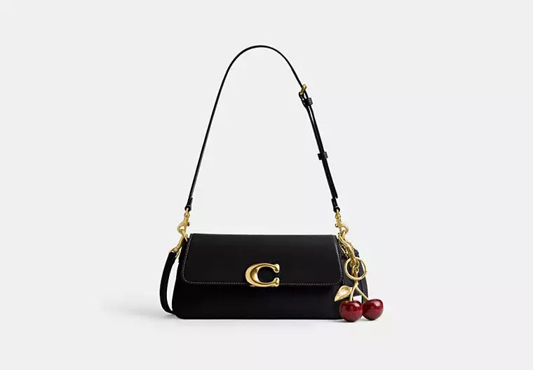 Elegant Black Structured Shoulder Bag with Gold-Tone C Clasp