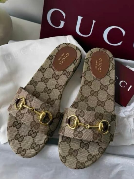 Women’s Beige GG Monogram Horsebit Slide Sandals