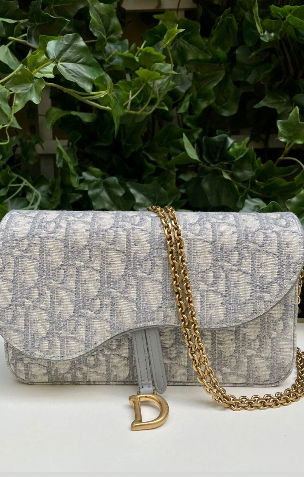 Elegant Grey Monogram Shoulder Bag with Gold-Tone D Clasp