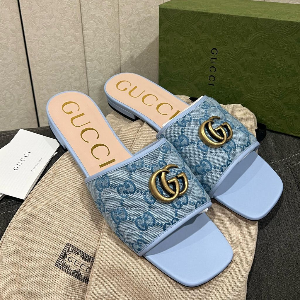 Blue GG Monogram Slide Sandals with Gold-Tone Double G Detail