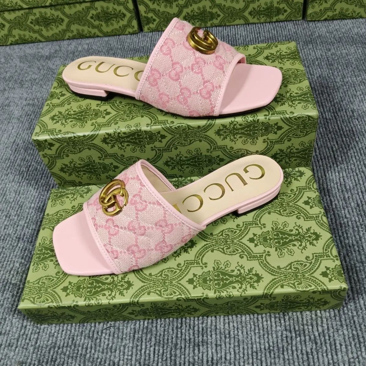 Elegant Pink Monogram Slide Sandals with Gold-Tone Double G Detail