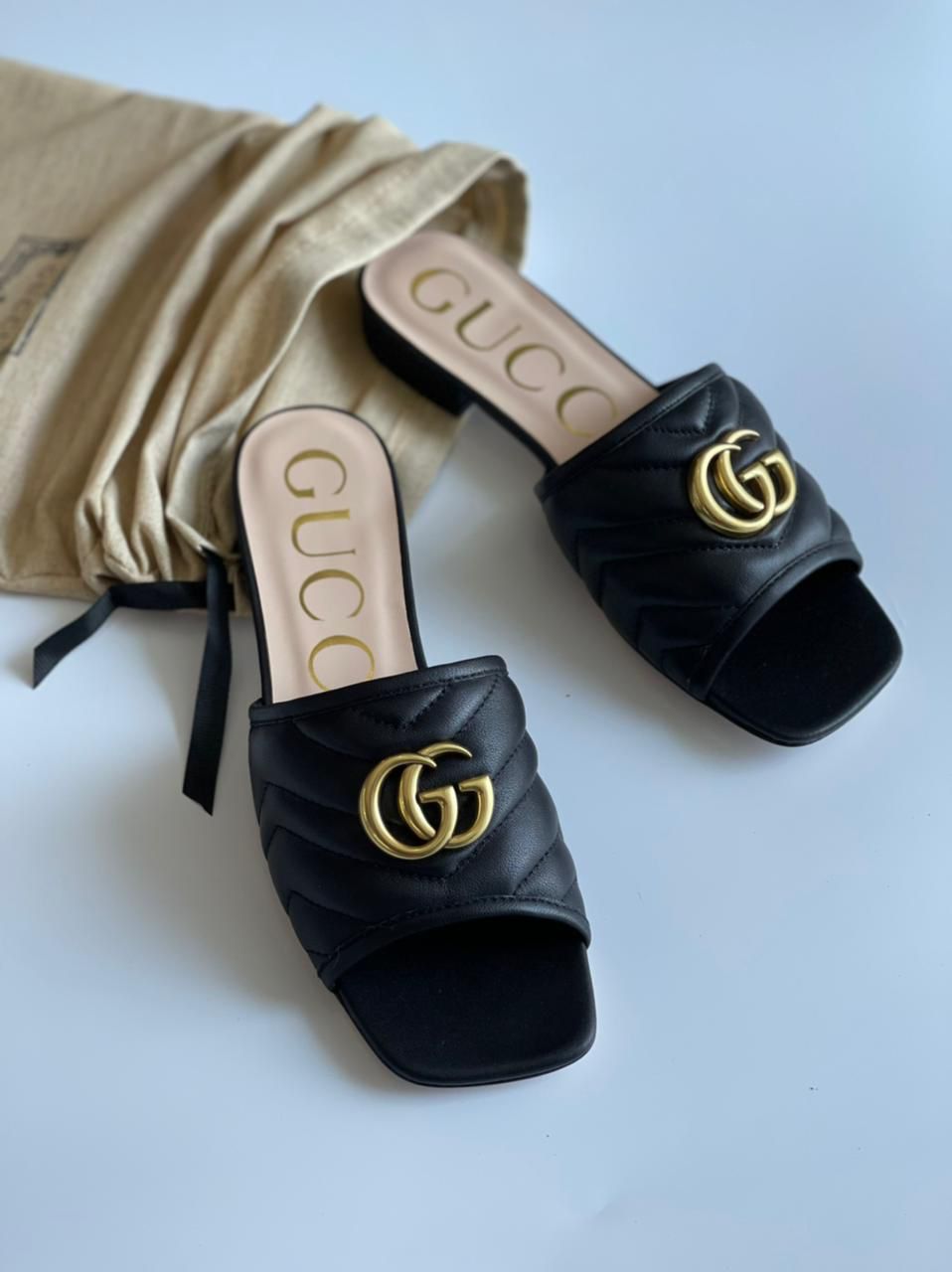 Women’s Black Quilted GG Logo Slide Sandals