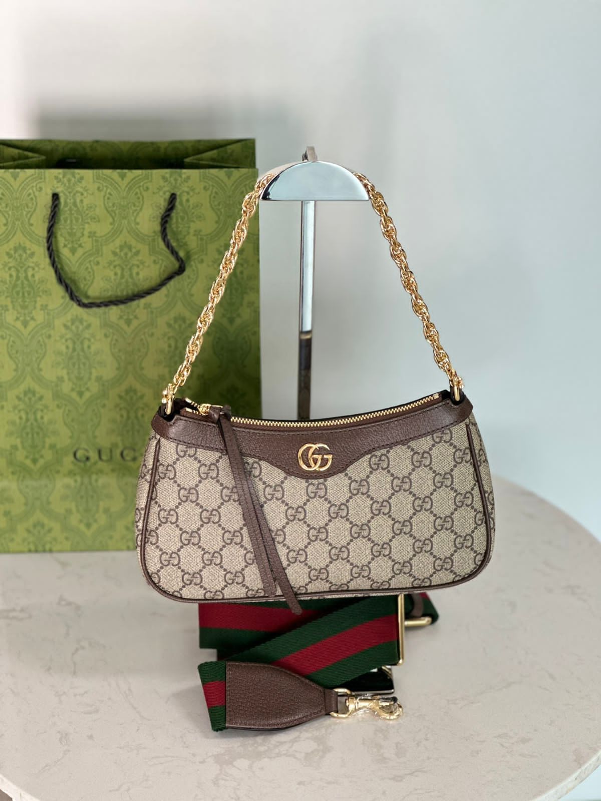 Classic Beige GG Monogram Shoulder Bag with Gold Chain Strap