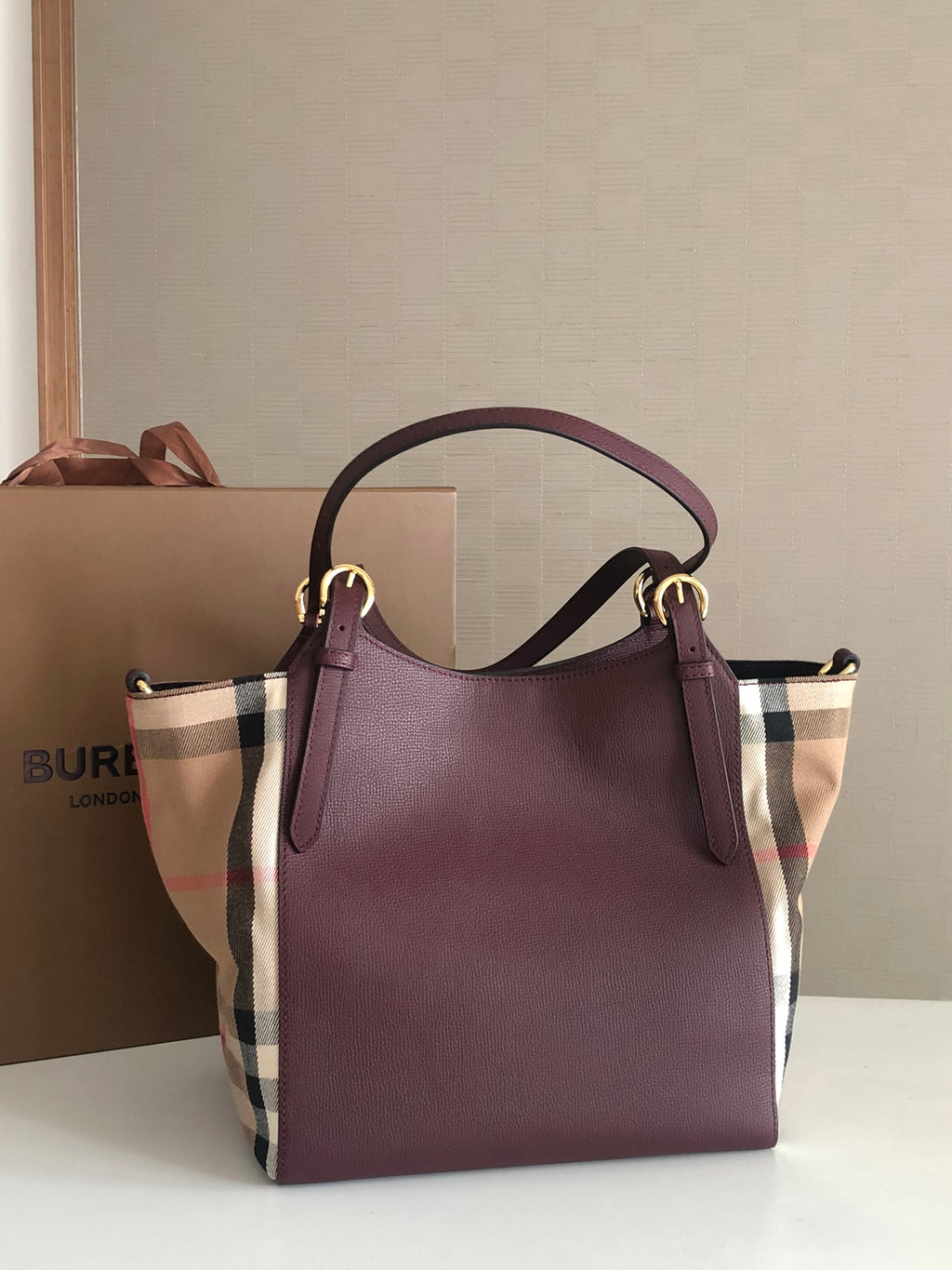 Elegant Burgundy & Check Print Shoulder Tote Bag