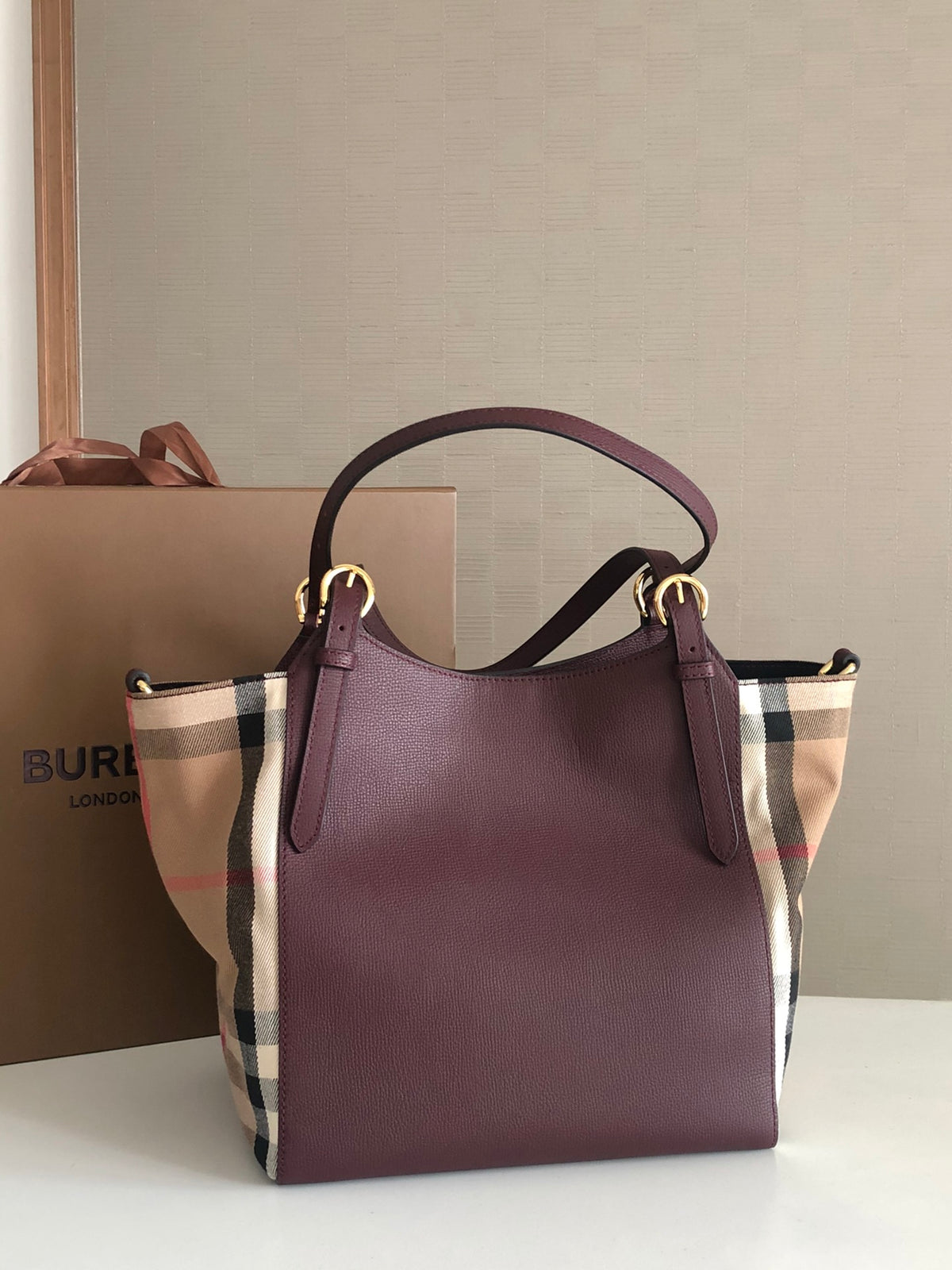 Elegant Burgundy & Check Print Shoulder Tote Bag