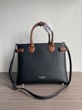 Elegant Black Structured Handbag with Brown Leather-Style Handles