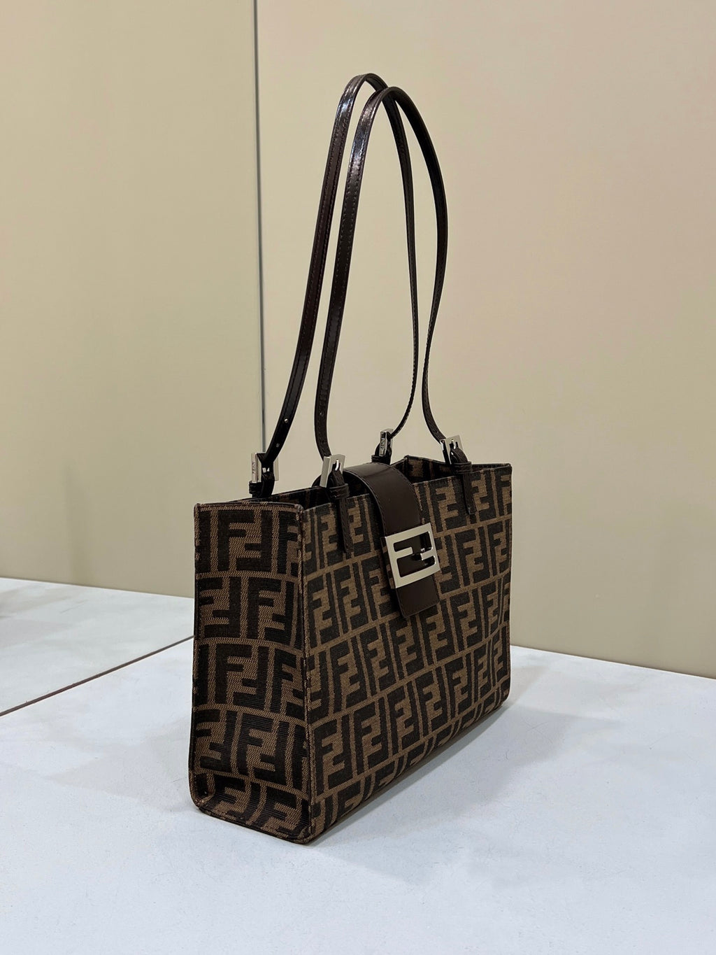 Classic Brown Monogram Tote Bag with Signature Gold-Tone Clasp