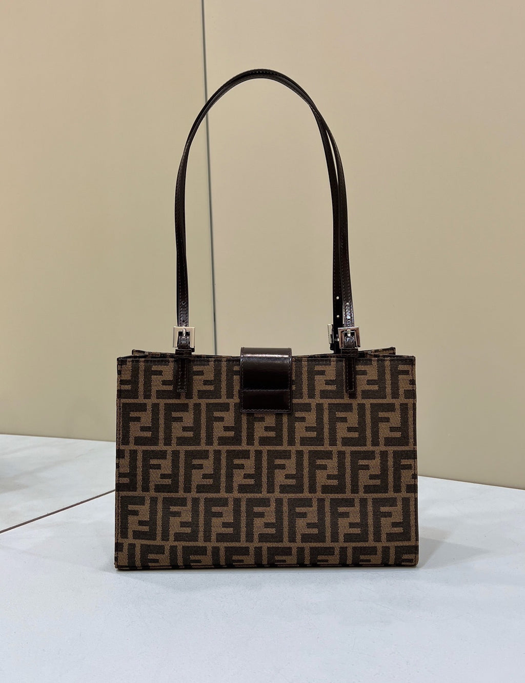 Classic Brown Monogram Tote Bag with Signature Gold-Tone Clasp