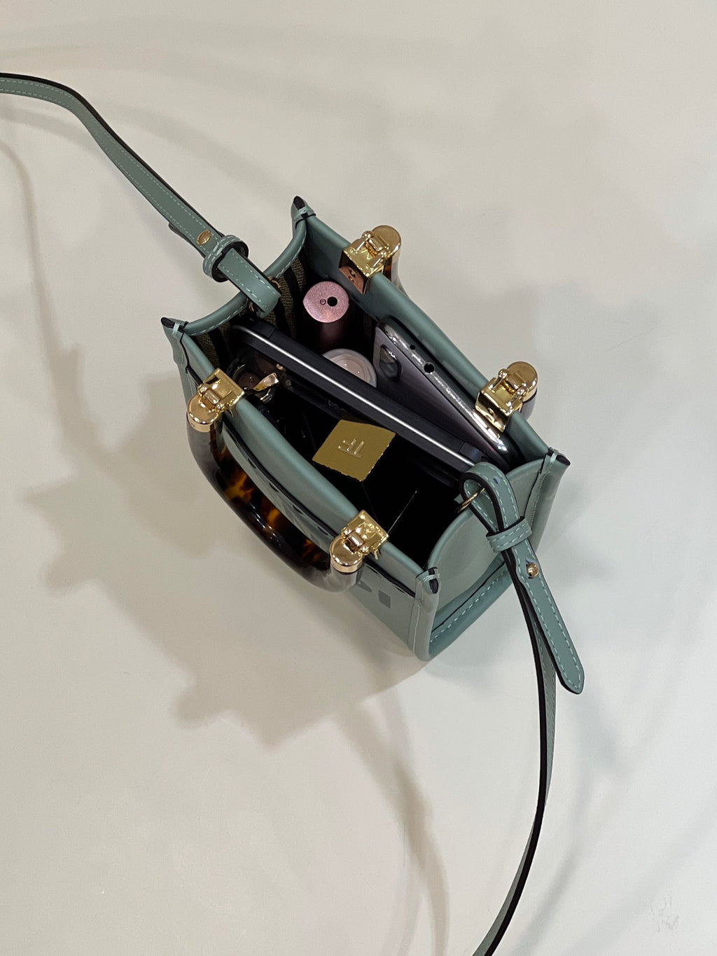 Elegant Sage Green Structured Bag with Tortoiseshell Handles