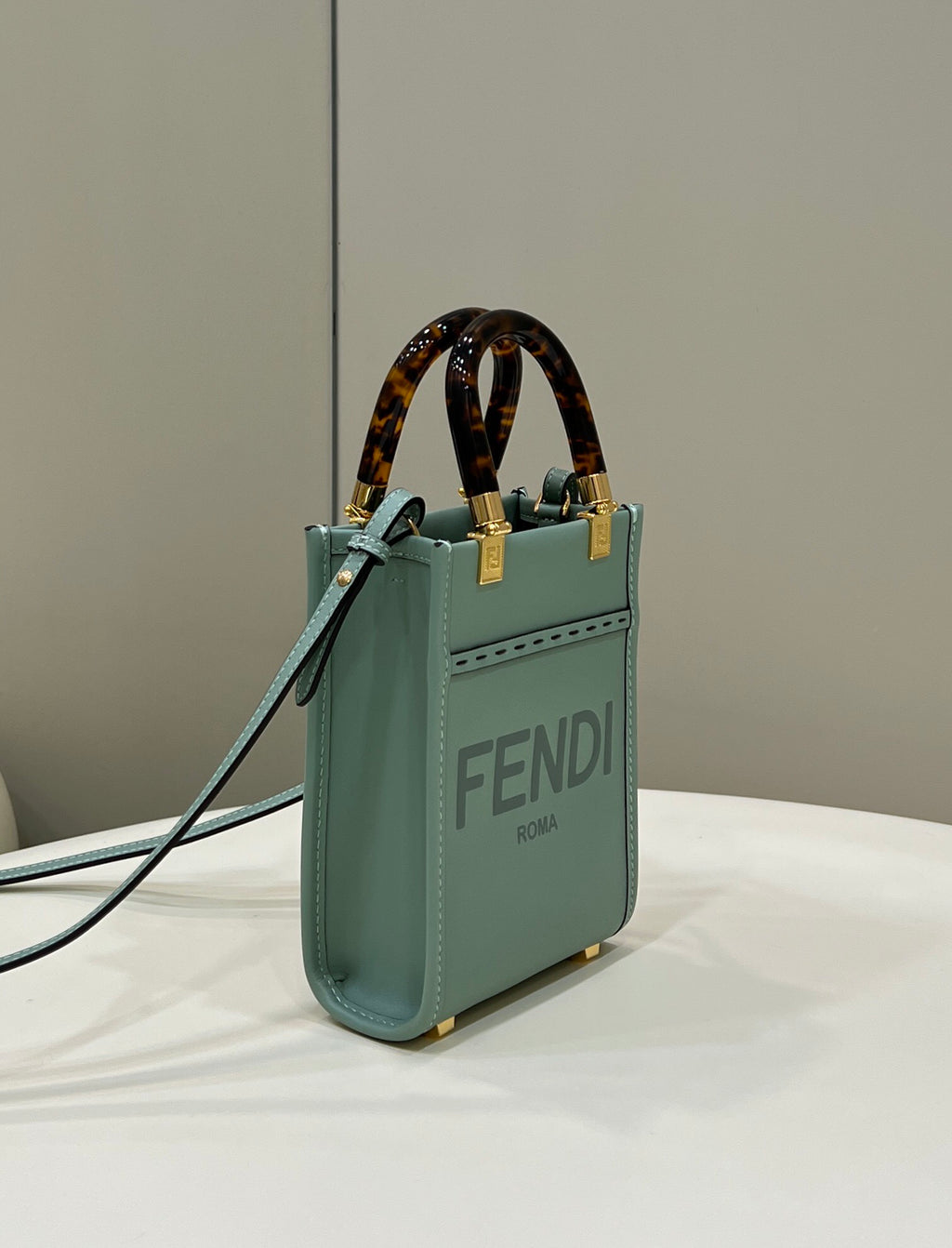 Elegant Sage Green Structured Bag with Tortoiseshell Handles