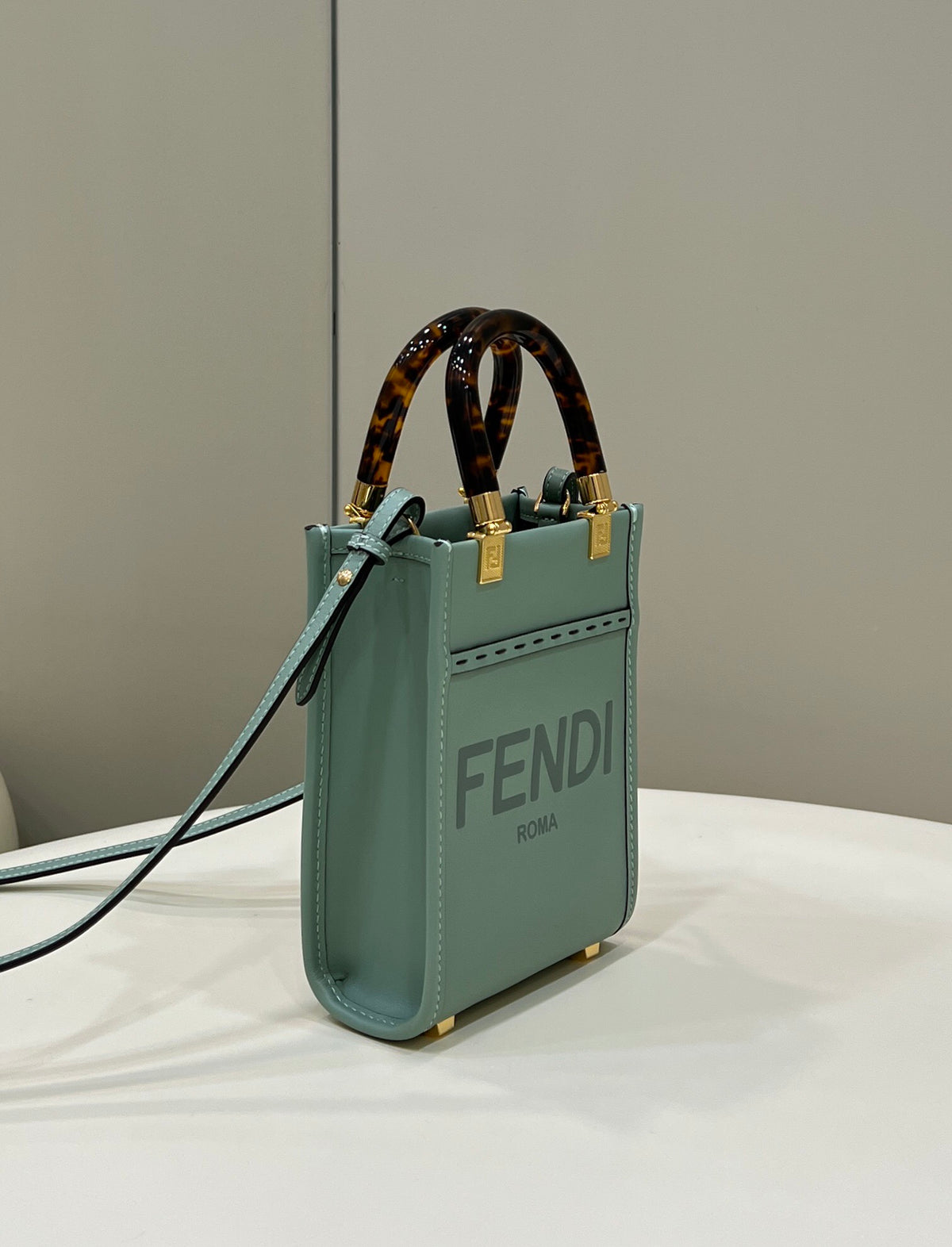 Elegant Sage Green Structured Bag with Tortoiseshell Handles